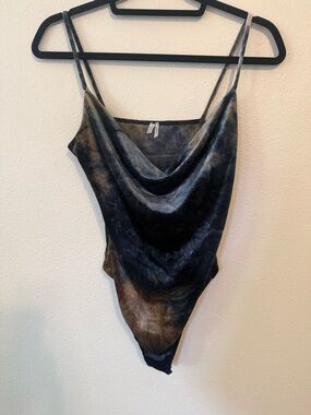 Velvet Cowl Neck Bodysuit - Black & Brown Tie-Dye